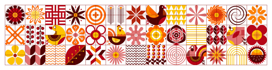 Floral geometric agricultural pattern. Scandinavian folk style. Ukrainian traditional painting. Modern abstract illustration	
