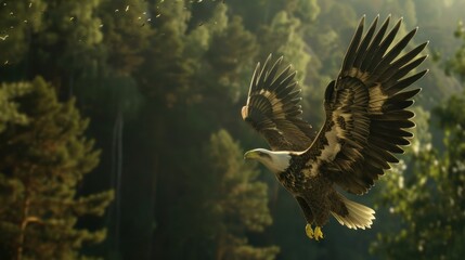 Bald Eagle in Flight Through a Forest