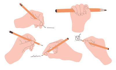 Set of hands holding a pencil isolated on white. Pencil marks during the learning process, checking. Vector illustration in flat style.
