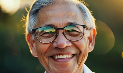 Asian senior man with eyeglasses smiling and looking at camera. - Powered by Adobe