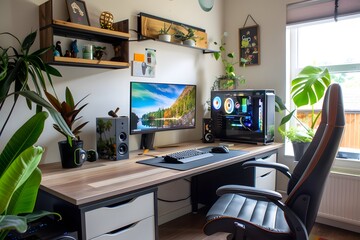 Modern Home Office Setup with a Gaming Chair and Plants