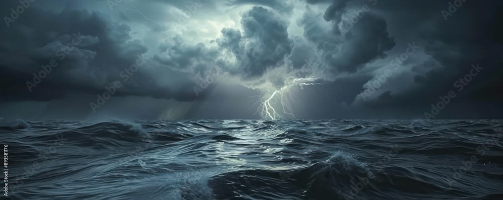 Canvas Prints a stormy ocean with a lightning bolt in the sky. free copy space for banner.