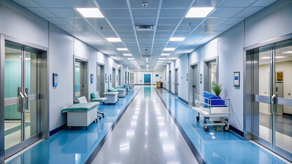 Obraz premium Modern hospital corridor with empty hallway, medical equipment, and several open doors, conveying a sense of efficiency, teamwork, and dedication to quality patient care.