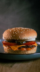 Cheeseburger close-up photo, full frame black background with smoke. 