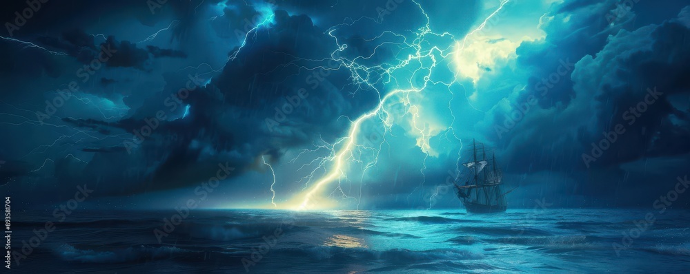 Canvas Prints a stormy ocean with a lightning bolt in the sky. free copy space for banner.