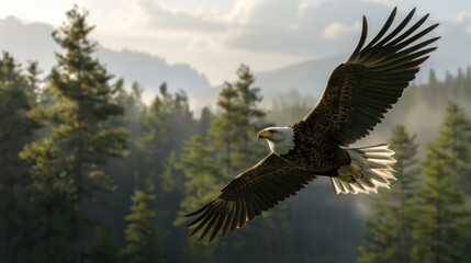 Fototapeta premium Majestic Bald Eagle Soaring Over a Misty Forest