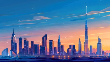 Obraz premium Dubai Skyline at Sunset with Stars
