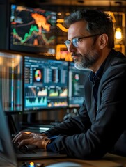 Business Leader Conducting Virtual Meeting Using Laptop and Multiple Monitors in Modern Home Office