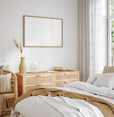 Mock up frame in home interior background, cozy bedroom with natural rattan furniture, 3d render