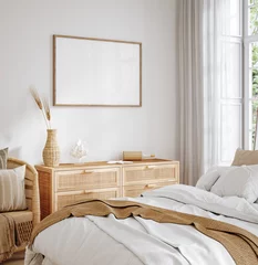 Fotobehang Boho Mock up frame in home interior background, cozy bedroom with natural rattan furniture, 3d render  © artjafara