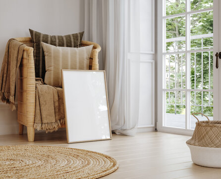 Mock up frame in home interior background, cozy bedroom with natural rattan furniture, 3d render