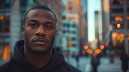 Obraz premium A very happy and handsome muscular black male model wearing a black hoodie, fashionable style photo, with vivid and natural lighting and dynamic city background