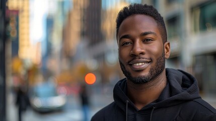Fototapeta premium A very happy and handsome muscular black male model wearing a black hoodie, fashionable style photo, with vivid and natural lighting and dynamic city background