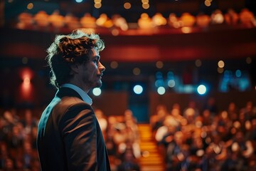Fototapeta premium Inspiring Business Leader Addressing Large Audience at International Conference