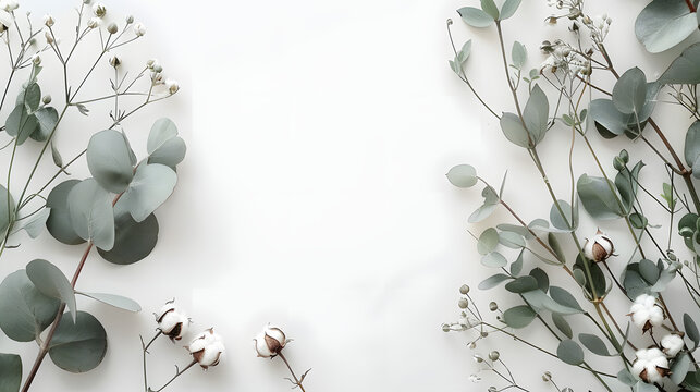 Floral arrangement with eucalyptus and cotton on white backdrop viewed from above with space for text