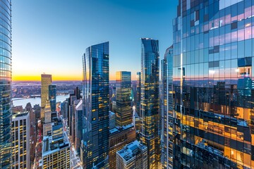 Obraz premium Manhattan Skyline at Sunset: A Modern Cityscape