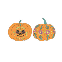 Mexican Halloween pumpkin vector clip-art set isolated on white. Day of the dead illustration