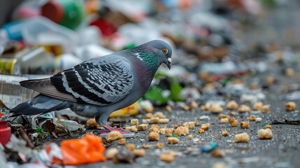 A pigeon pecking at crumbs on a garbage-strewn sidewalk, Wild animal in garbage, Urban birds and litter © Navaporn