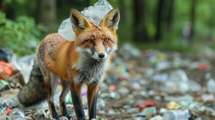 A fox with a plastic bag stuck on its head, standing amidst scattered trash in a forest, Wild...