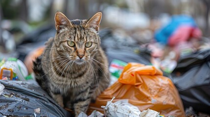 A stray cat scavenging through trash bags in an abandoned lot, Wild animal in garbage, Urban strays and waste management