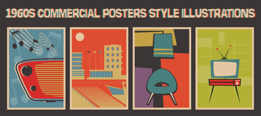 TV Set, Radio, City, Armchair, Floor Lamp. 1950s - 1960s Shapes and Colors Mid Century Modern Commercial Posters Style Illustrations