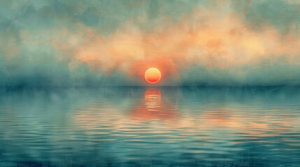 Obraz premium Serene Poster Featuring a Rising Sun Over a Calm Sea, Evoking Peace and the Fresh Start of a New Day