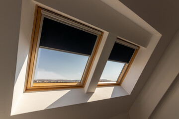 Interior shot of a roof windows. Dormer windows. Roof windows, Skylight