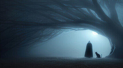 Mysterious hooded figure and cat in foggy, eerie forest, surrounded by towering trees, creating a dark, magical atmosphere.