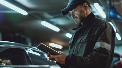 Security Guard Inspecting Vehicle at Night. A security guard in uniform inspecting a vehicle using a tablet. The dimly lit environment emphasizes the importance of night-time security checks.