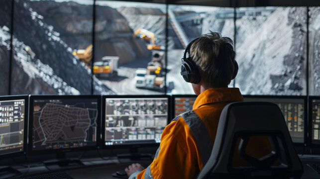 Miner operating machinery from control room. A mining operator in a control room monitors heavy machinery in a quarry through multiple screens, wearing headphones and safety gear.