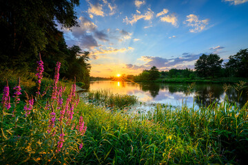 Beautiful summer sunset over the river banks