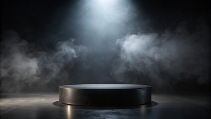 Dark podium with swirling smoke, setting a moody and atmospheric tone for the scene
