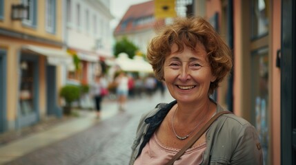 Fototapeta premium Close-up of a local woman enjoying a scenic walk along the historic streets of Bayreuth, with a smile and a sense of wonder, wearing casual clothes, picturesque street background, Portrait close-up,