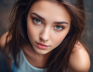 Captivating Gaze: A young woman with piercing green eyes looks directly at the camera, her expression both alluring and enigmatic
