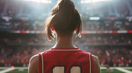 Female Athlete in Red Jersey Facing Crowd at Stadium