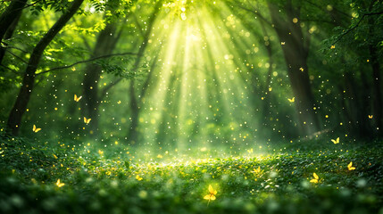 A forest with butterflies flying around and sunlight shining through the trees