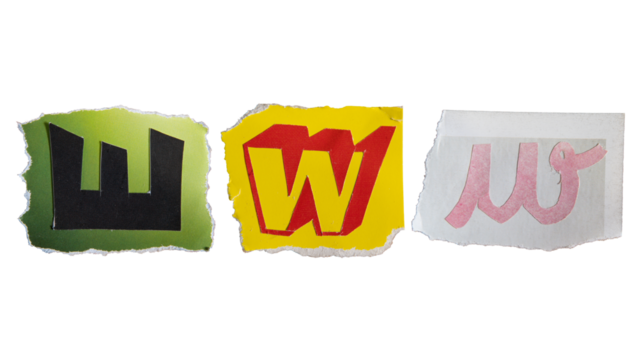 W alphabet torn from a magazine paper on white background with clipping path. Ransom note style letters.