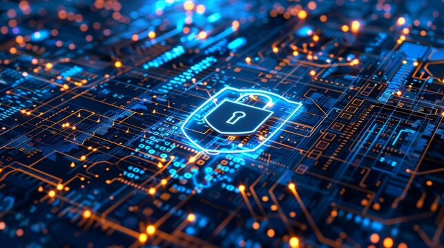 Cyber Security Concept - Padlock on Circuit Board