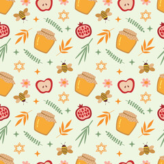 Rosh Hashanah seamless pattern. Bee, honey, apple, pomegranate and star of David on a light green background. Vector illustration for holiday design.
