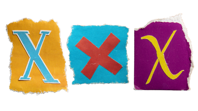 X alphabet torn from a magazine paper. Ransom note style letters.