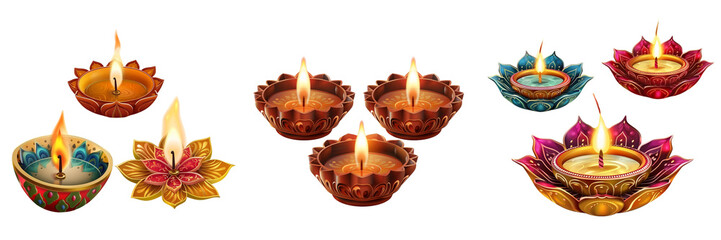 Set of clay lamps diyas for Diwali festival on transparent background  - Powered by Adobe