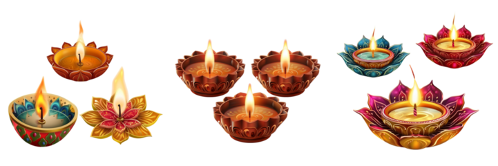 Set of clay lamps diyas for Diwali festival on transparent background 