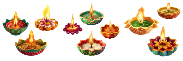 Set of clay lamps diyas for Diwali festival on transparent background 