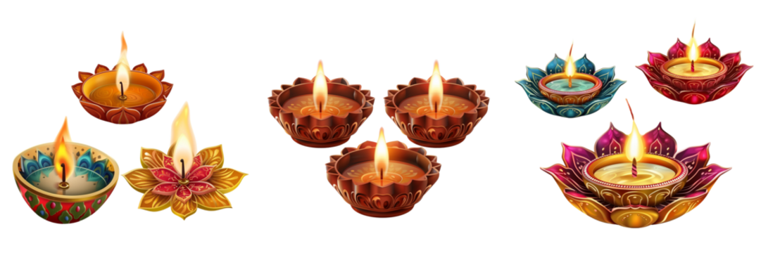 Set of clay lamps diyas for Diwali festival on transparent background  - Powered by Adobe