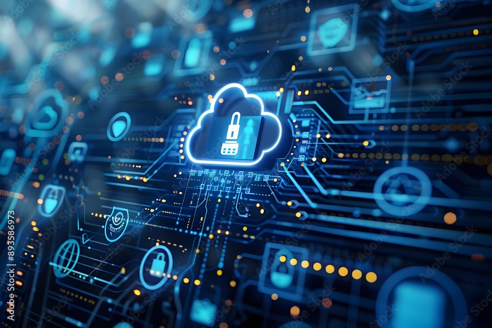 Poster holographic cloud computing interface with security shields and data transfer icons