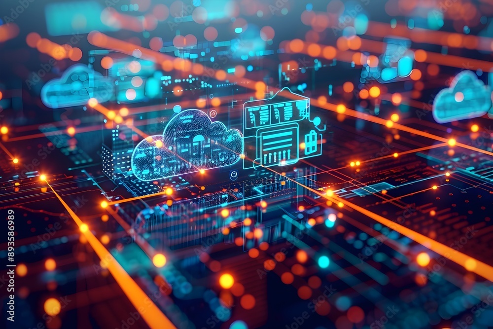 Poster holographic cloud computing interface with data transfer and security shields
