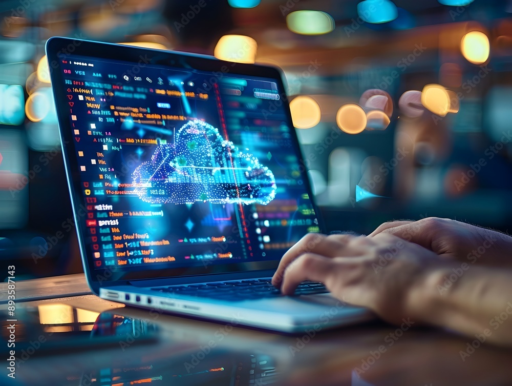 Poster futuristic cloud computing programming with holographic data analytics interface on laptop screen