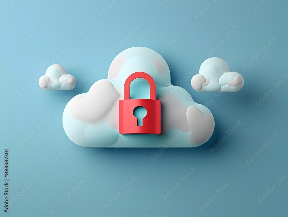 Poster secure cloud storage icon with padlock representing data protection and privacy in digital computing