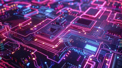 Obraz premium Neon-lit digital circuit board with intricate patterns Tech