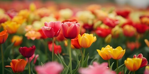 Colorful Tulip Flowers Field in Spring Garden